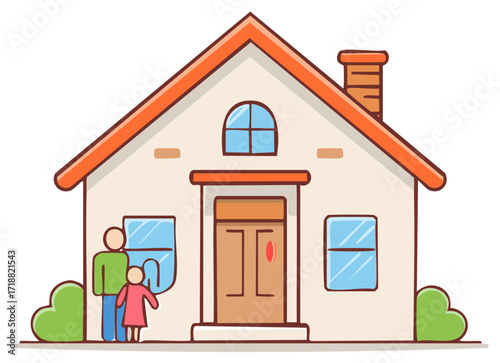 Family Home Cartoon House with Dad and Child Illustration Style