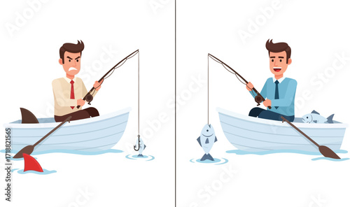 Frustrated fisherman facing danger versus happy angler with successful catch in separate boats