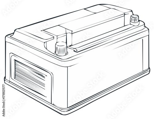 Isolated Illustration of Car Battery with Terminals and Ribbed Sides, Depicting Automobile Electrical Power