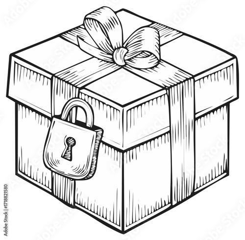 Line art illustration of gift box tied with ribbon, bow, and padlock for secure delivery or secret present.