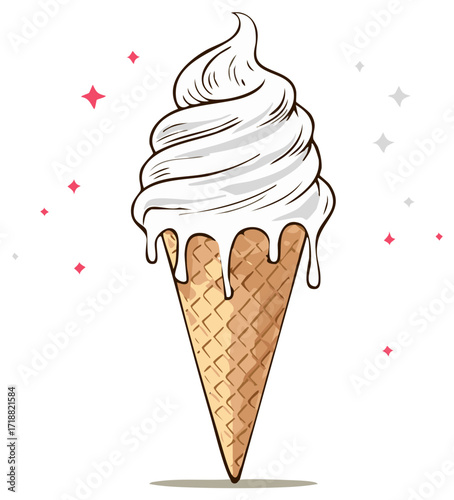 Refreshing vanilla soft serve ice cream melting on a crunchy waffle cone illustration