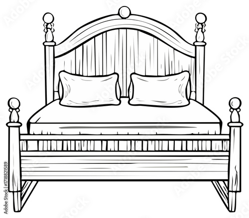 Illustration of a wooden four-poster bed with pillows, outline drawing in black and white, simple bedroom furniture.