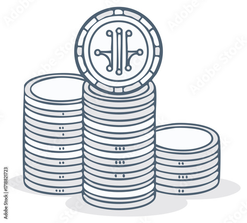 Illustration of Stacked Digital Coins with Circuit Symbol, Representing Cryptocurrency and Blockchain Technology