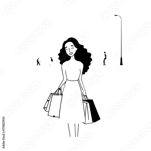 Black and white line art of a beautiful happy woman carrying shopping bags minimalist cheerful illustration