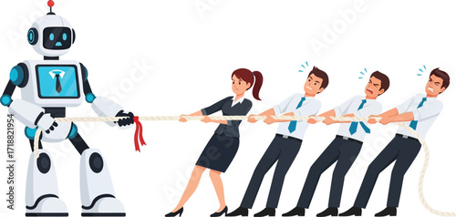 Team of people struggling against a robot in a tug of war competition.
