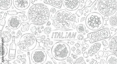 Delicious Italian food spread featuring pizza, pasta, wine, and fresh ingredients creating a vibrant culinary scene