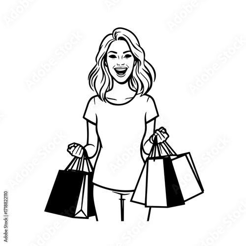 Black and white line art of a beautiful happy woman carrying shopping bags minimalist cheerful illustration