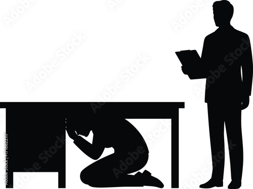 Employee hiding under desk while supervisor looks on with clipboard