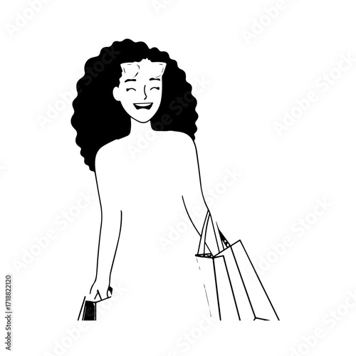Black and white line art of a beautiful happy woman carrying shopping bags minimalist cheerful illustration