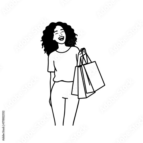 Black and white line art of a beautiful happy woman carrying shopping bags minimalist cheerful illustration