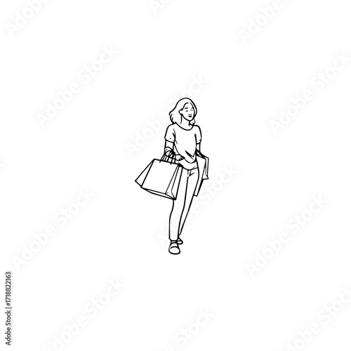Black and white line art of a beautiful happy woman carrying shopping bags minimalist cheerful illustration