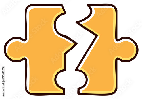 Two puzzle pieces, separated, orange, illustration. Concept of division, problem, solution.