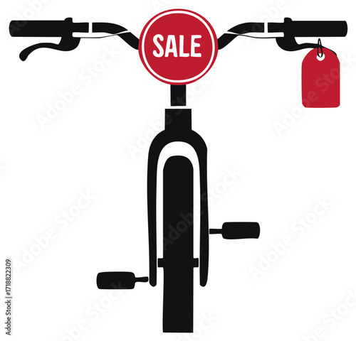 Bicycle promotion with red sale tag on handlebars featuring discounts and special prices for cyclists buying new bike