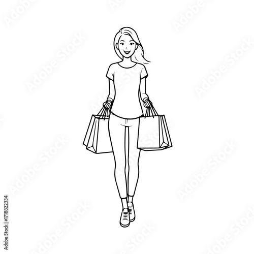 Black and white line art of a beautiful happy woman carrying shopping bags minimalist cheerful illustration