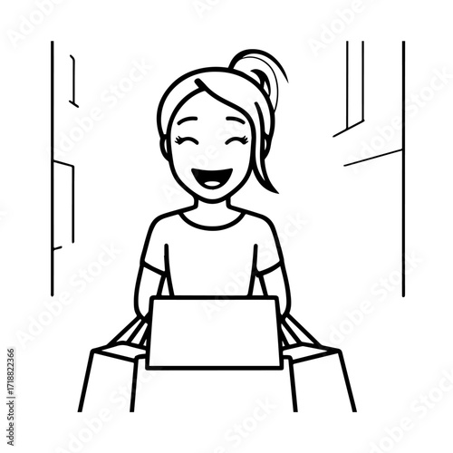 Black and white line art of a beautiful happy woman carrying shopping bags minimalist cheerful illustration