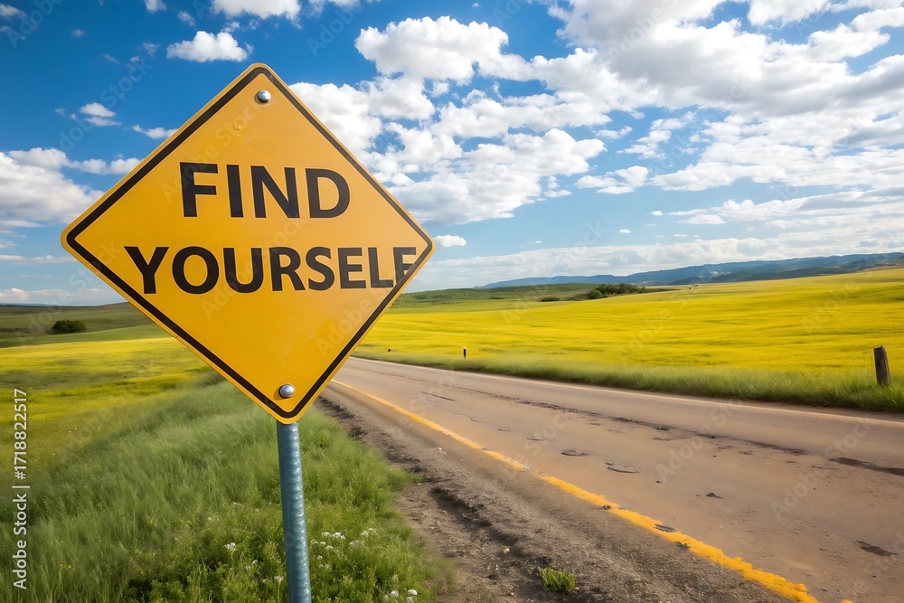 Obraz premium Yellow diamond road sign find yourself on a country road with vast yellow field and blue sky