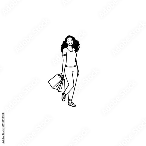 Black and white line art of a beautiful happy woman carrying shopping bags minimalist cheerful illustration