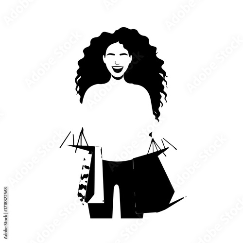 Black and white line art of a beautiful happy woman carrying shopping bags minimalist cheerful illustration