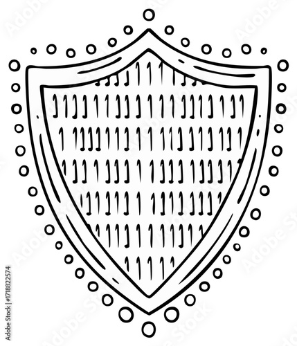Decorative shield illustration with abstract binary code pattern for digital security and data protection concepts