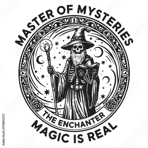 Master of Mysteries Skeleton Enchanter Wizard Halloween Vector Illustration