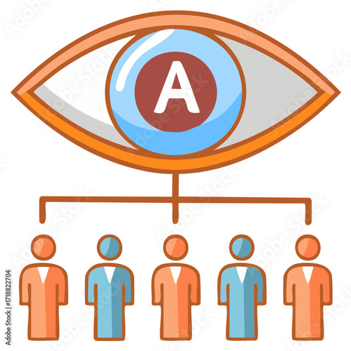 Stylized eye with letter A overseeing a group of diverse people figures