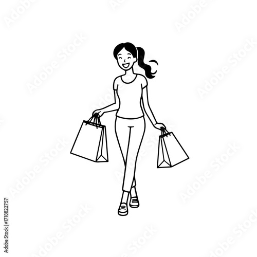 Black and white line art of a beautiful happy woman carrying shopping bags minimalist cheerful illustration