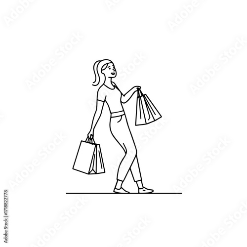 Black and white line art of a beautiful happy woman carrying shopping bags minimalist cheerful illustration