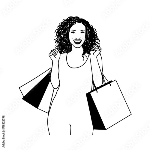 Black and white line art of a beautiful happy woman carrying shopping bags minimalist cheerful illustration