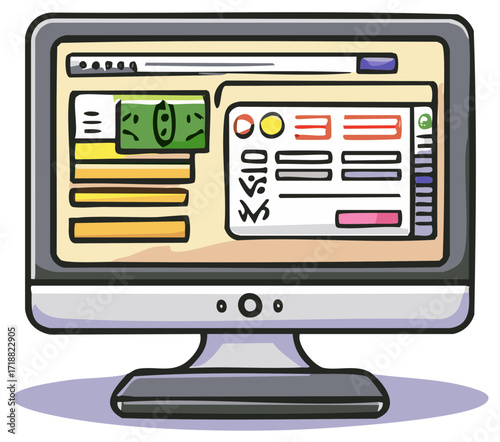 Cartoon computer monitor with website screen and green bill symbol.