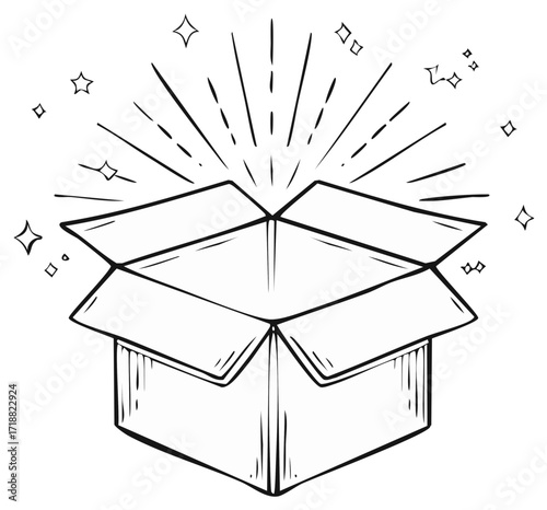 Hand drawn open magic box with light and sparkles. Surprise gift or unboxing concept sketch illustration.