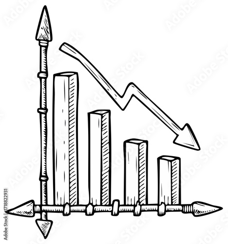 Declining graph drawn in pen with arrows, negative trending line graph illustration