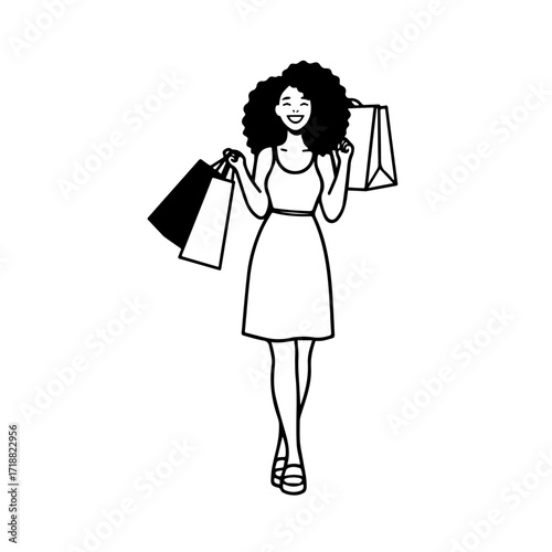 Black and white line art of a beautiful happy woman carrying shopping bags minimalist cheerful illustration