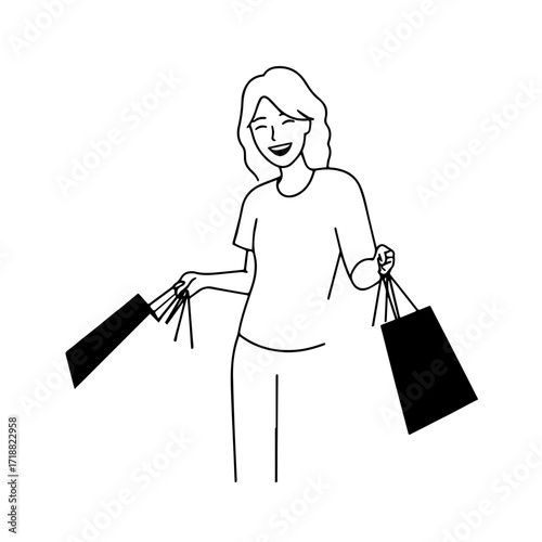 Black and white line art of a beautiful happy woman carrying shopping bags minimalist cheerful illustration