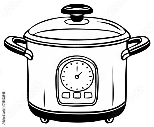 Simple Line Art Illustration of a Slow Cooker with a Clock Face and Buttons