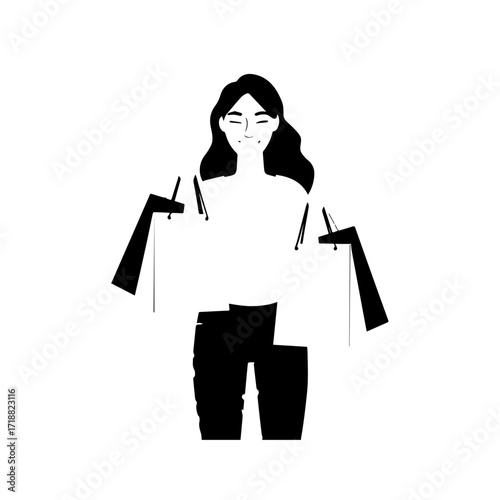 Black and white line art of a beautiful happy woman carrying shopping bags minimalist cheerful illustration