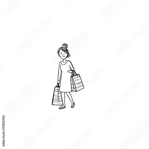 Black and white line art of a beautiful happy woman carrying shopping bags minimalist cheerful illustration