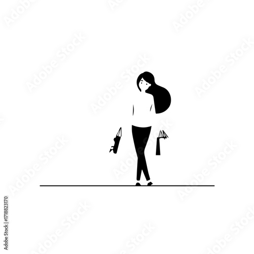 Black and white line art of a beautiful happy woman carrying shopping bags minimalist cheerful illustration