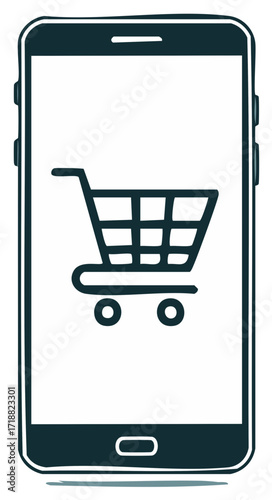 Hand-drawn smartphone with shopping cart icon for online shopping and e-commerce concept