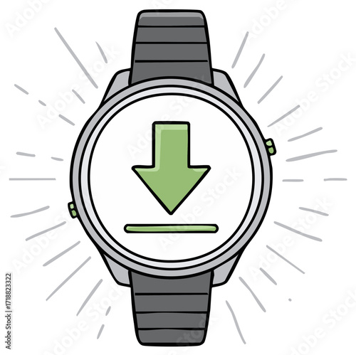 Hand drawn smartwatch showing a download icon for an app or software update