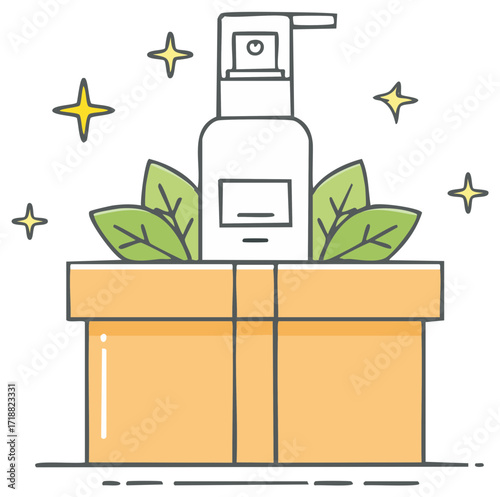 Natural Skincare Product Presented on Gift Box with Leaves and Sparkles
