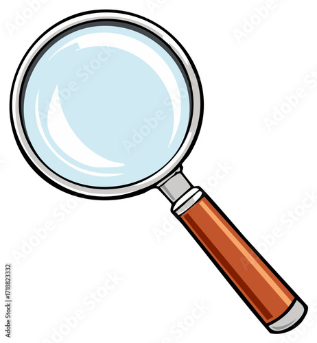 Cartoon style magnifying glass with a brown handle for search research and investigation
