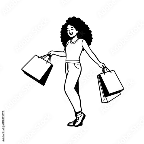 Black and white line art of a beautiful happy woman carrying shopping bags minimalist cheerful illustration
