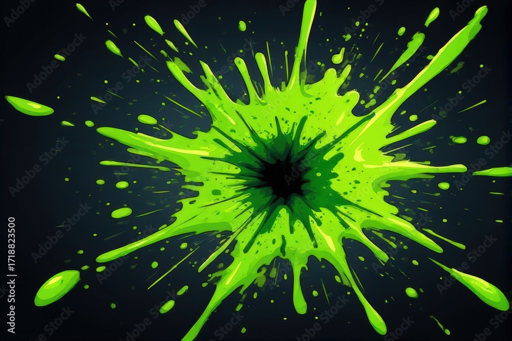 Fototapeta premium Vibrant neon green paint splatter explodes against a dark background, creating a dynamic, high-energy visual perfect for graphic design or edgy branding.