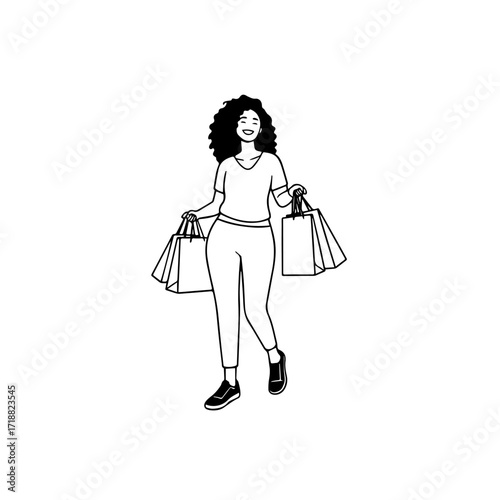 Black and white line art of a beautiful happy woman carrying shopping bags minimalist cheerful illustration