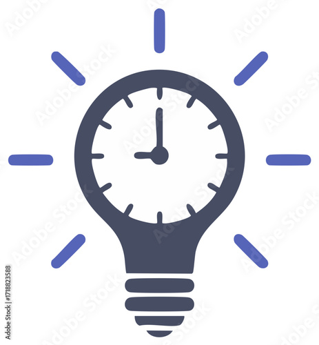 Creative light bulb with clock face showing time and radiating light