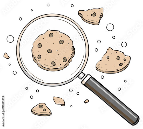 Magnifying glass examining a chocolate chip cookie with crumbs floating around it