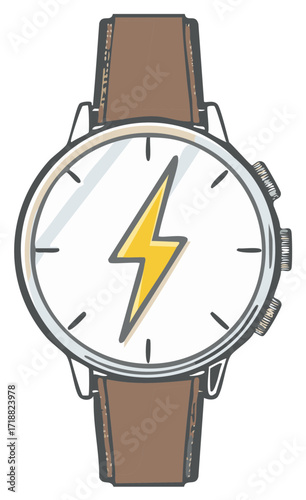 Illustrated wristwatch with lightning bolt symbol depicting fast time and electric power