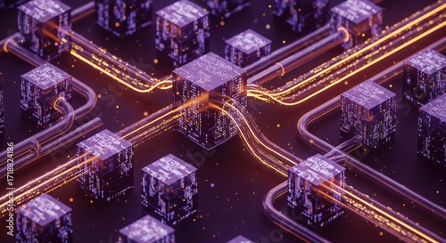 Cybernetic abstract visualization of glowing semi-transparent blocks connected by neon tubes, flowing light particles and isometric digital composition