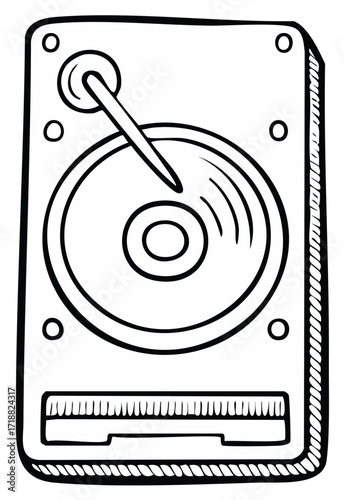 Doodle style hard drive disk illustration in black outline for computer