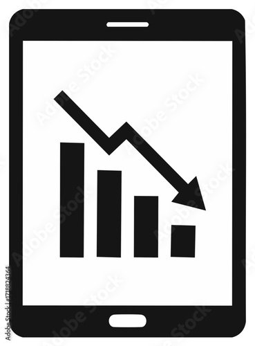 Tablet displaying a downward trending bar chart and arrow icon